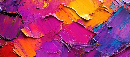 Aufkleber - Vibrant multicolored artist palette with shades of magenta orange and blue paint textures featuring a paintbrush on a textured surface