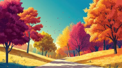Aufkleber - Vibrant autumn landscape showcasing colorful foliage in red, orange, and yellow on trees along a sunny pathway under a clear blue sky