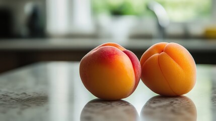 Aufkleber - Fresh apricots on a marble kitchen countertop with natural light highlighting their vibrant colors and texture