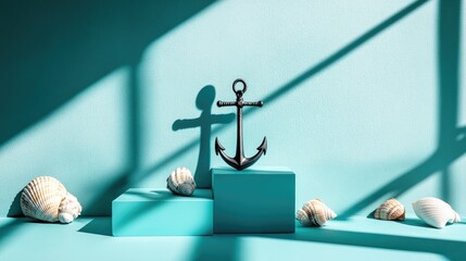 Poster - Turquoise podiums with seashells and an anchor casting shadows in bright sunlight on a serene blue background