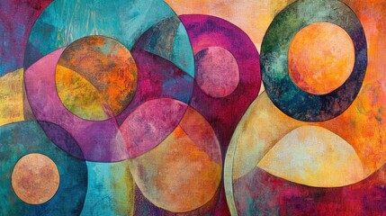Leinwandbilder - Colorful abstract composition with overlapping circles and organic forms creating a dynamic visual experience in vibrant hues