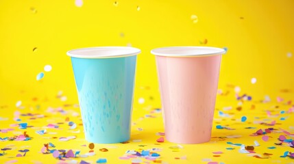 Poster - Colorful Party Cups in Turquoise and Pink on Vibrant Yellow Background Surrounded by Confetti with Blank Space for Text or Design