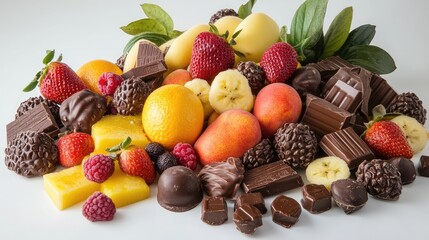 Poster - Colorful array of tropical fruits including strawberries, bananas, and oranges alongside rich dark and milk chocolates on a light surface.