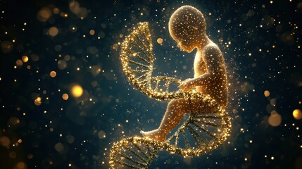 Poster - Gold colored dna molecule structure with intricate double helix design on a plain background