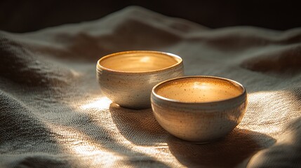 Wall Mural - A glowing set of elegant ceramic tea cups styled on a rustic fabric surface. picture