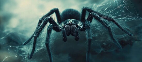 Poster - Close up of a tarantula displaying intricate details in natural habitat with a blurred background and ample space for promotional text