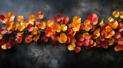 Poster - Lush Autumn Foliage in Warm Red and Orange Tones Against a Dark Background Creating an Artistic Seasonal Composition