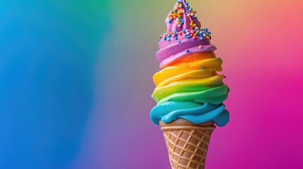 Poster - Colorful rainbow ice cream cone with sprinkles against a vibrant pastel background showcasing a delightful summer treat