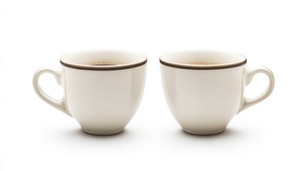 Poster - White Ceramic Coffee Cups with Dark Brown Trim Isolated on Bright White Background for Beverage and Lifestyle Conceptual Photography