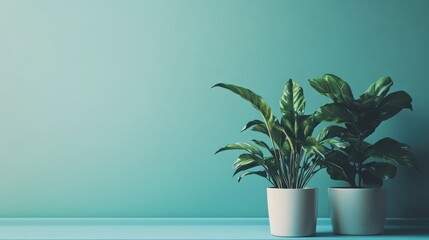 Aufkleber - Turquoise house plants in white pots against a mint background showcasing minimalistic interior design aesthetics.
