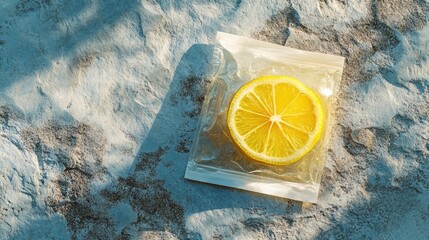 Aufkleber - Refreshing Lemon Slice in Clear Packaging on Textured Stone Surface with Soft Natural Light Ideal for Healthy Summer Drink Promotions