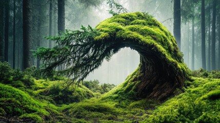 Poster - Twisted Pine Tree Draped in Lush Green Moss Amidst Serene Dense Forest Wilderness
