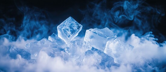 Poster - Geometric Ice Fragments Emerging from Mist in Soft Blue Tones with Dark Background and Generous Copy Space for Text Overlay