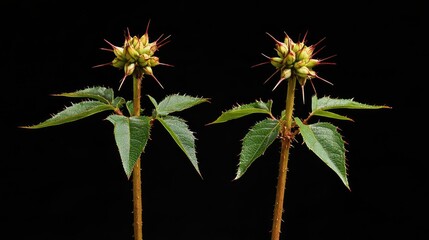 Poster - Thorned castor bean plants positioned symmetrically against a black backdrop featuring vibrant green leaves and spiky seed pods.