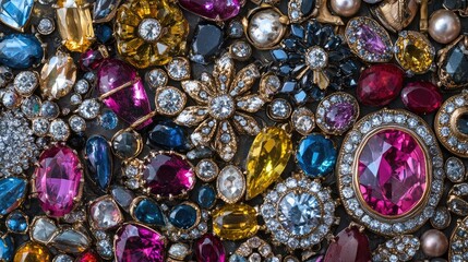 Poster - Colorful collage of vintage sparkling jewels including sapphires rubies emeralds and diamonds beautifully arranged in intricate patterns and textures