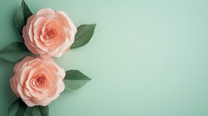 Poster - Delicate Pink Camellias with Green Leaves on Soft Mint Background Elegant Handmade Floral Arrangement in Minimalistic Style with Copy Space