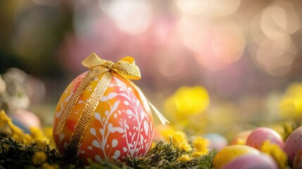 Aufkleber - Colorful Easter egg decorated with golden ribbon surrounded by flowers and soft bokeh background in festive spring atmosphere