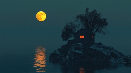 Poster - Mysterious Island Retreat Under Full Moonlight with Reflections on Calm Waters