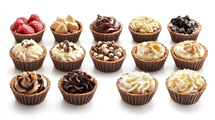 Aufkleber - Assorted mini dessert tartlets featuring diverse fillings and toppings in a charming gourmet display on a white background