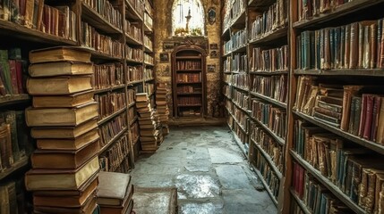 Poster - Ancient Library Hallway Filled With Aged Books