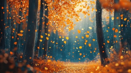 Poster - Vibrant autumn forest scene featuring golden leaves and soft morning light filtering through tall trees in a serene pathway of orange and brown hues