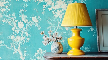 Poster - Turquoise Floral Wallpaper with Vintage Yellow Lamp and Decorative Vase on Retro Table Setting