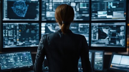 Poster - Woman working on advanced IT solutions, surrounded by digital screens and futuristic tech tools