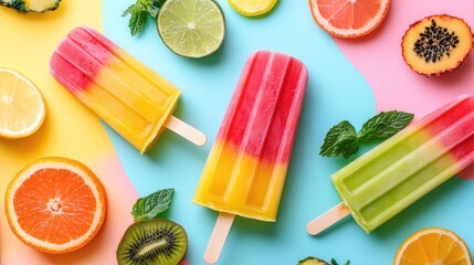 Poster - Colorful tropical popsicles with fruits on vibrant pastel background showcasing summer refreshment and playful design