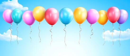 Poster - Colorful assortment of glossy balloons in various pastel shades floating against a bright blue sky with fluffy white clouds and ample empty space for text.