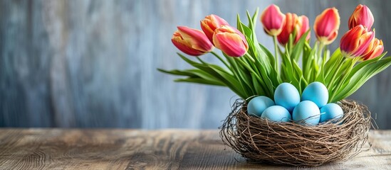 Poster - Springtime decor featuring vibrant tulips and a nest of blue eggs on a rustic table evoking a cozy and inviting atmosphere.