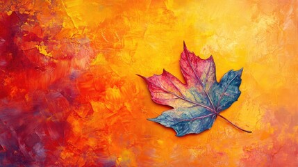 Aufkleber - Vibrant Autumn Leaf Artwork on Warm Orange and Yellow Textured Canvas with Blue-Toned Maple Leaf Against Colorful Background