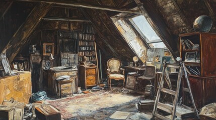 Aufkleber - A Cluttered Attic Artists Studio Filled With Light