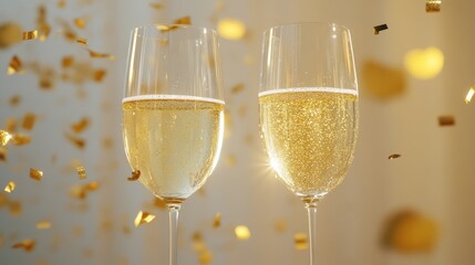 Aufkleber - Elegant champagne glasses filled with bubbly golden liquid surrounded by shimmering golden confetti on a soft blurred background.