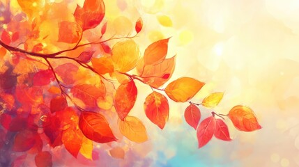 Aufkleber - Colorful Autumn Leaves on Delicate Branch Bathed in Warm Sunlight with Soft Focus Background in Shades of Orange and Yellow