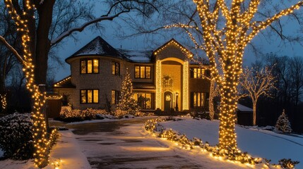 Aufkleber - Elegant winter home adorned with twinkling white holiday lights amidst a snow-covered landscape at twilight.