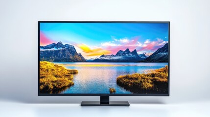 Poster - Modern Flat Screen Television with Scenic Landscape Display on Minimalist White Background