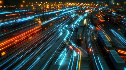 Aufkleber - Illuminated Freight Trains at Night Railroad Yard