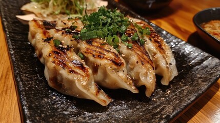 Aufkleber - Delicious gyoza dumplings filled with meat and herbs served on a black plate with fresh greens and a warm ambiance background