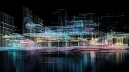 Poster - Digital Cityscape Wireframe Neon Glow Abstract