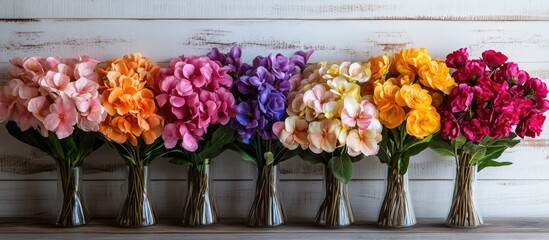 Poster - Vibrant artificial flower arrangement in vintage vases perfect for enhancing home decor and artistic interiors