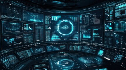 Poster - Futuristic Control Room Displays Data Streams and Global Information