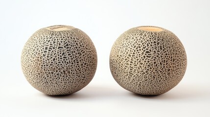 Poster - Fresh cantaloupes with intricate textured rinds positioned symmetrically on a soft white background showcasing natural elegance and freshness.