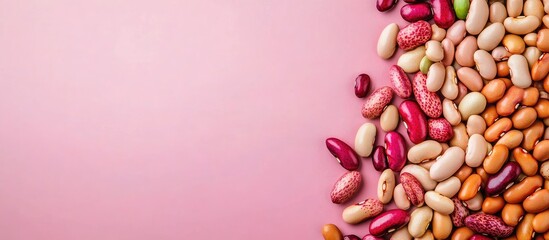 Poster - Colorful assortment of fresh beans in various shades on a soft pink background with ample space for text, ideal for healthy food concepts.