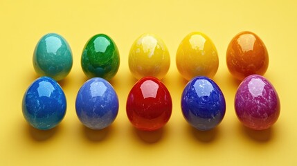 Poster - Colorful easter eggs arranged on bright yellow background symbolizing spring festivities and seasonal celebrations for holidays and traditions