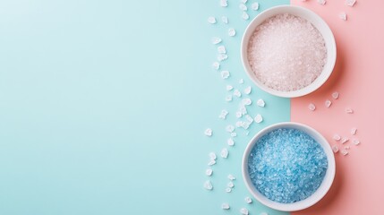 Poster - Feminine Spa Flat Lay with Colorful Background Featuring Bath Salts in Elegant Bowls for Home Decor and Wellness Themes