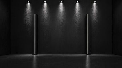 Leinwandbilder - Minimalist Black Room with Vertical Stage Lights and Empty Center Space for Event or Performance Background Design