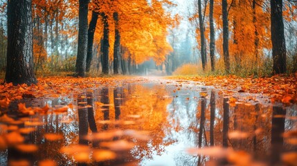 Aufkleber - Autumn forest pathway featuring vibrant orange maple leaves on reflective water, showcasing colorful trees, warm tones, and moody ambiance.