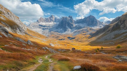 Poster - Vibrant autumn landscape featuring golden grasses and rocky mountains under a blue sky with fluffy white clouds in a serene valley setting.
