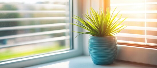 Poster - Vibrant potted plant on a sunlit windowsill with drawn blinds enhancing natural light and creating a fresh ambiance in a modern setting