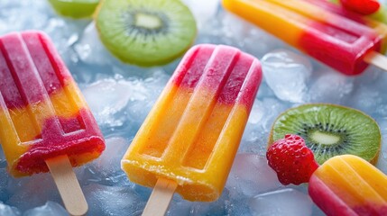 Poster - Vibrant fruit popsicles on ice with colorful layers and fresh fruit accents creating a refreshing summer treat display